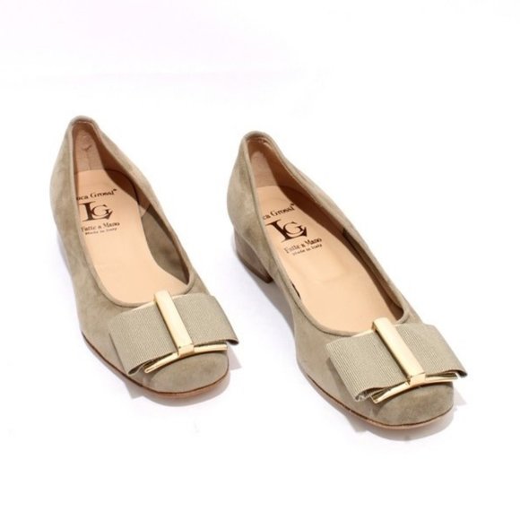 ITALIAN Khaki Suede Leather Gold Bow Shoes - Picture 2 of 8